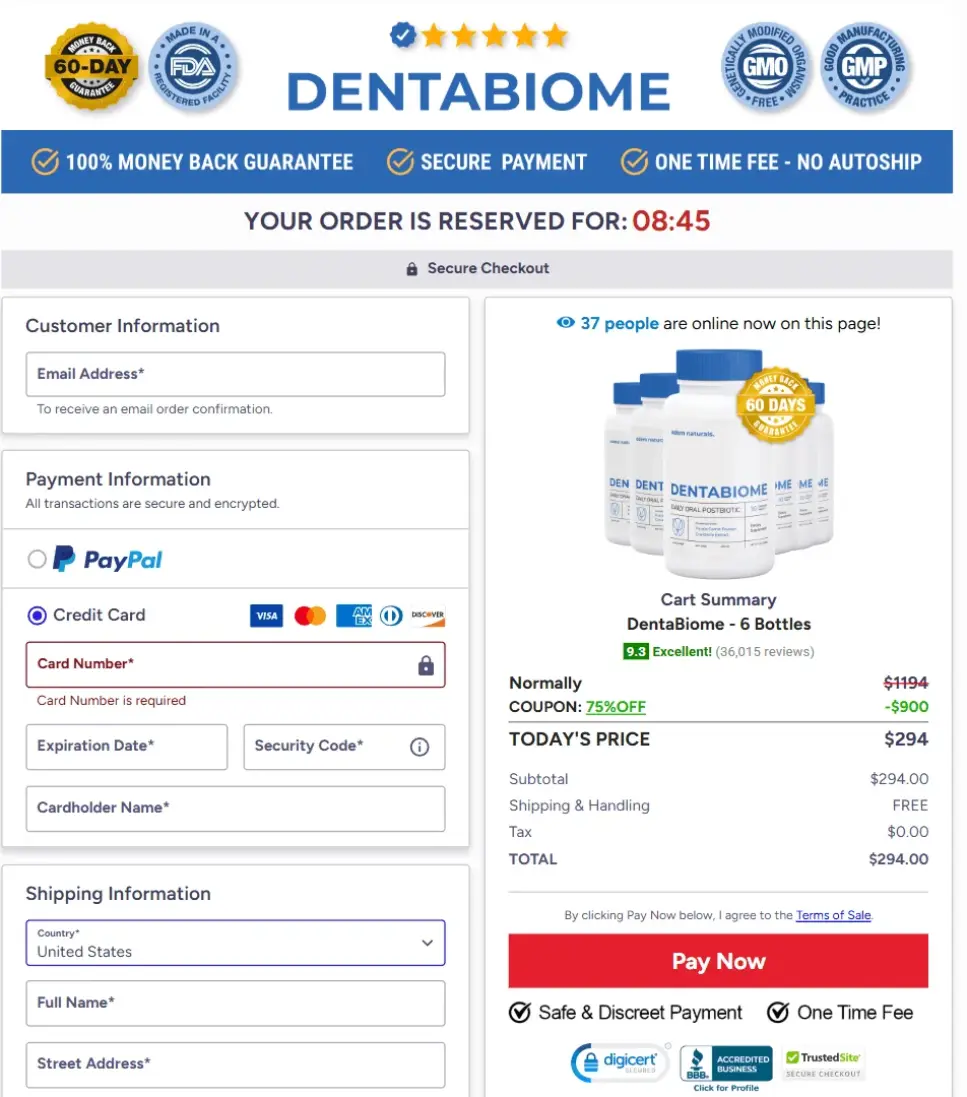 Secure checkout and payment options for DentaBiome order